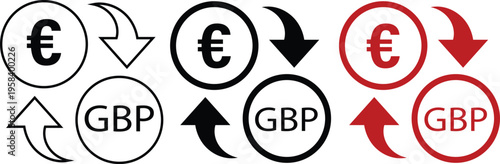 Set of 3 Euro and British Pound currency exchange vector icons with arrows in outline, solid, and red styles