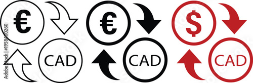 Set of 3 Currency Exchange Icons Vector: Euro to CAD and Dollar to CAD Money Conversion Symbols