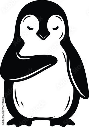 Cute stylized penguin with closed eyes standing peacefully. Vector illustration