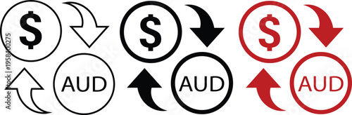 Set of 3 Currency Exchange Icons Vector: Dollar to AUD Conversion Symbols in Black and Red
