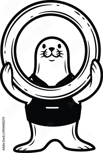 Happy cartoon seal holding a hoop, performing a trick. Vector illustration