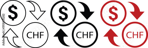 Set of 3 Dollar and Swiss Franc Currency Exchange Icons Vector in Outline, Solid Black, and Red Styles
