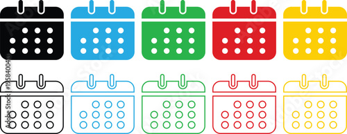 Set of 10 Calendar Icons Vector Collection: Colorful and Outline Designs for Schedule and Date Planning