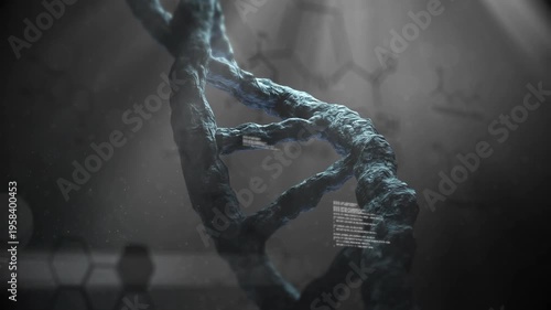 Animation of falling molecules over spinning dna strand on dark background