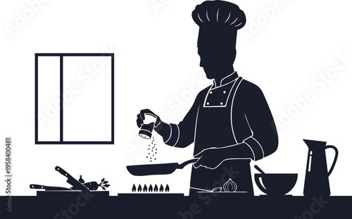 Silhouette of a chef in uniform, adding seasoning to food in a pan on a stovetop in a kitchen setting, with utensils and a bowl nearby