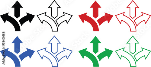 Set of 8 Three-Way Arrow Icons Vector in Black, Red, Blue, Green, Filled and Outline Styles