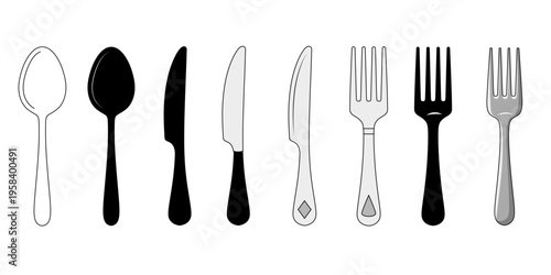 Simple Kitchen Utensils Silhouette Pack – Spoon, Knife, Fork Vector Style