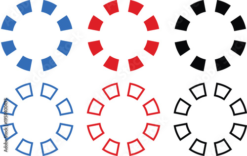 Set of 6 circular loading spinner vector icons in blue, red, and black for web design