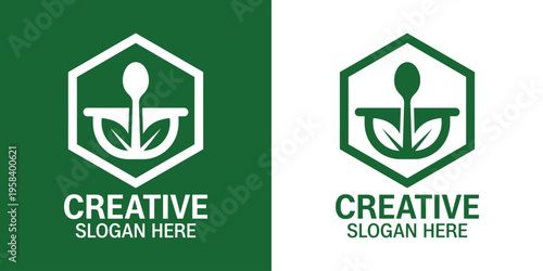 Healthy organic food logo with spoon bowl and leaves in hexagon. Vector illustration