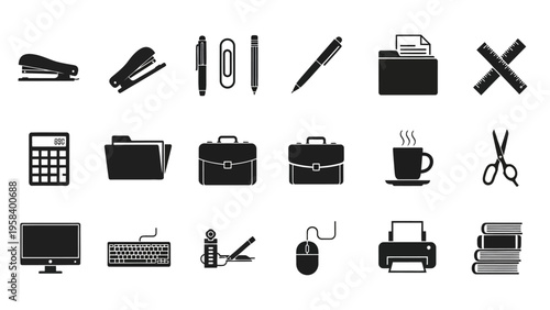 Collection of black and white office stationery and equipment icons for productivity and workspace