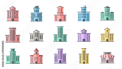 Collection of colorful, stylized city buildings and skyscrapers illustrations for urban design or