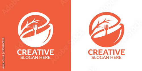 Healthy food bowl with fork and leaves logo design concept. Vector illustration