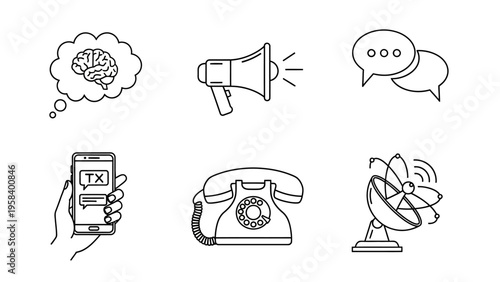 Collection of communication icons including phone, megaphone, and speech bubbles for digital
