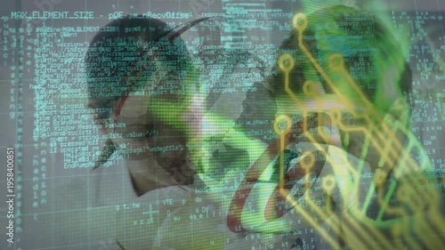 Animation of dna strand and data processing over diverse scientists in laboratory