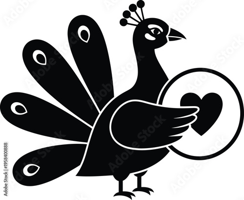 Peacock holding heart symbol. Elegant bird with fanned tail feathers. Vector illustration