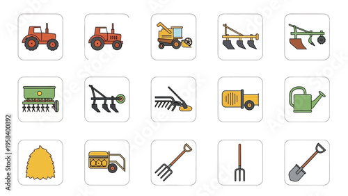 Collection of construction and farming equipment icons in a flat design style for digital