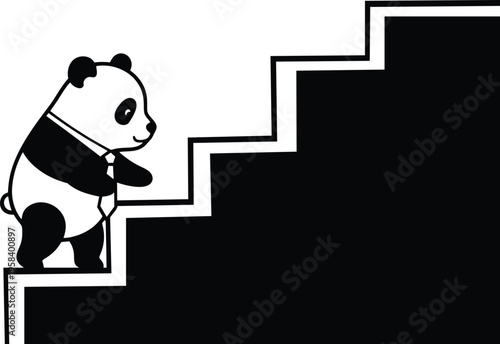 Panda in tie climbing stairs, symbolizing business growth and challenge. Vector illustration