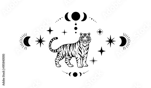 Boho Celestial Tiger Mystic Tarot Folk Art Vector Illustration