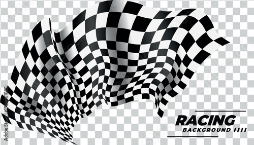 Racing checkered flag waving, black and white finish line banner, checkered racing background