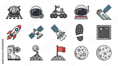 Collection of diverse space exploration and satellite icons with robotic vehicles and planetary