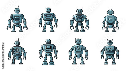Collection of Eight Classic Retro Style Robots with Vintage Design Elements