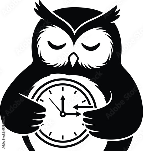 Sleepy owl holding clock with arrows for daylight saving time change. Vector illustration