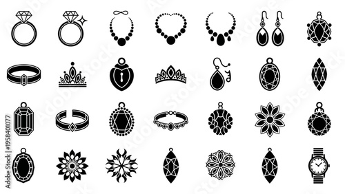 Collection of Elegant Black and White Jewelry Icons and Symbols for Design Projects