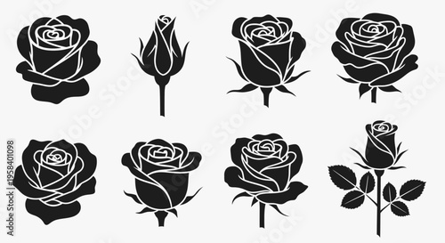 A striking collection of detailed black and white rose silhouettes, showcasing various stages of bloom and leaf arrangement for diverse design applications