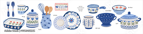 Folk ceramic dishes. Cute vector hand-drawn rustic illustrations of dishes, plate, saucepan, jugs, pot, mug, cup, fork, spoon and kitchen utensils, blu floral pattern, ornament for home decor and i