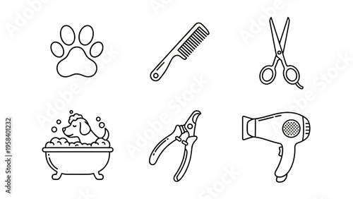 Collection of essential pet grooming tools including combs scissors hairdryer and paw print symbol