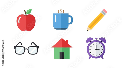 Collection of Everyday Items Including Apple Coffee Mug Pencil Glasses House and Alarm Clock