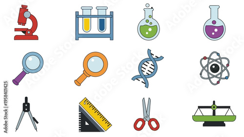 Collection of laboratory and scientific equipment icons including microscopes test tubes and DNA