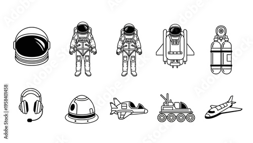 Collection of line art illustrations depicting various space exploration equipment and vehicles