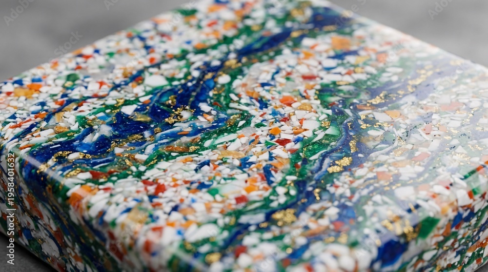 Obraz premium Macro close up of a polished colorful terrazzo texture block with blue resin swirls and gold flakes.