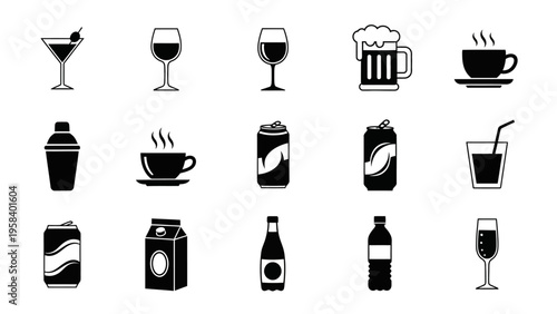 Collection of Minimalistic Black and White Icons Representing Various Beverages and Drinking Items
