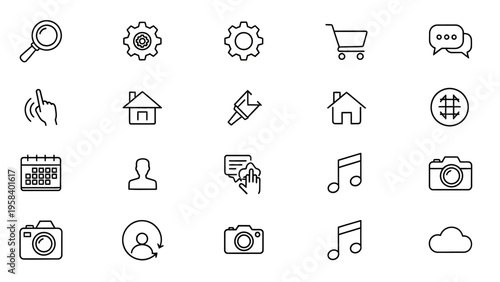 Collection of minimalistic line icons representing various digital and everyday concepts