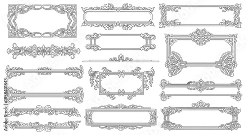 Collection of ornate decorative borders and dividers, vintage ornamental elements for graphic design and page layout