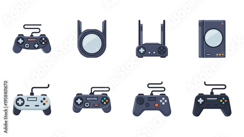 Collection of Modern Video Game Consoles and Gaming Controllers Illustration