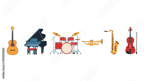 Collection of Musical Instruments Featuring Guitar Piano Drums Trumpet Saxophone and Violin