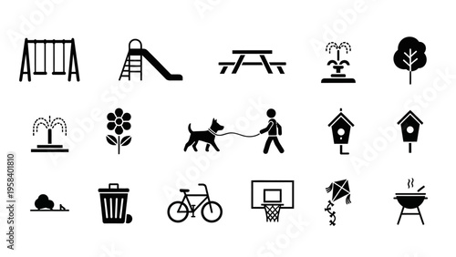 Collection of outdoor playground, park, and leisure icons including swings, slides, tables, trees,