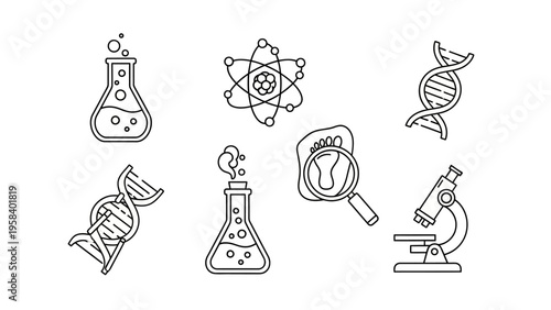 Collection of scientific laboratory icons including DNA, microscope, atomic structure, test tube,
