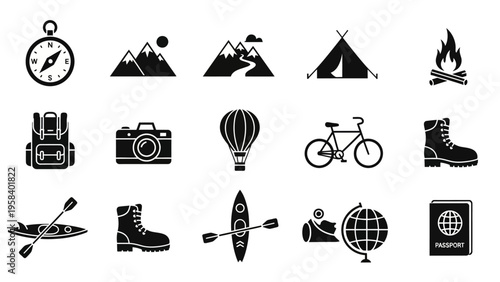 Collection of outdoor adventure icons including camping travel hiking and sports symbols in black