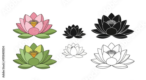 Set of illustrated lotus flowers in pink, green, and black and white, symbolizing purity, enlightenment, and tranquility in a vector format