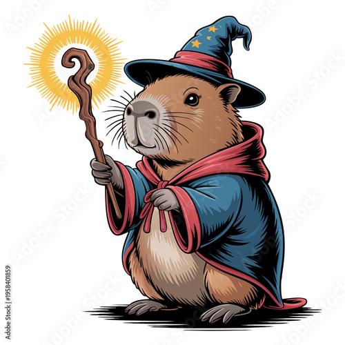 Capybara wearing a tiny wizard hat and holding a glowing staff. Whimsical indie style