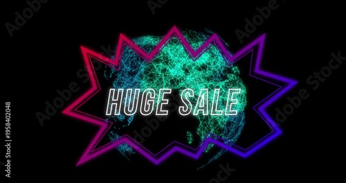 Animation of huge sale over shape and globe on black background