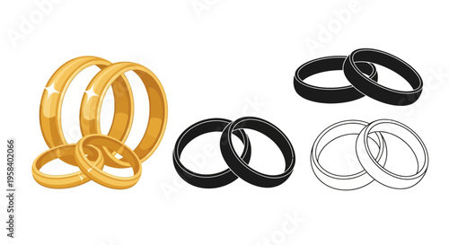 Golden and black interlocking rings symbolizing commitment, unity, and the profound bond of matrimony, presented in a trio of artistic styles for celebratory occasions