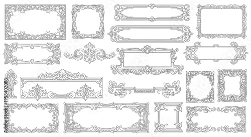 Collection of ornate vintage decorative borders and frames in black and white, perfect for elegant design projects and embellishments