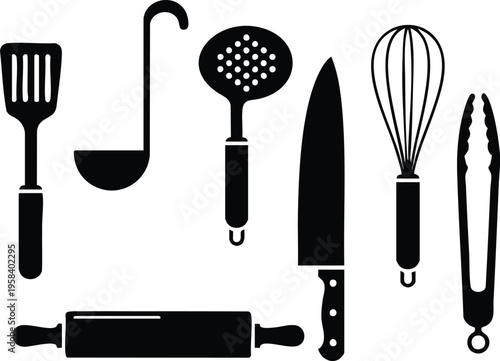 Collection of Silhouetted Kitchen Utensils Spatula, Ladle, Colander Spoon, Chef's Knife, Whisk, Tongs, and Rolling Pin