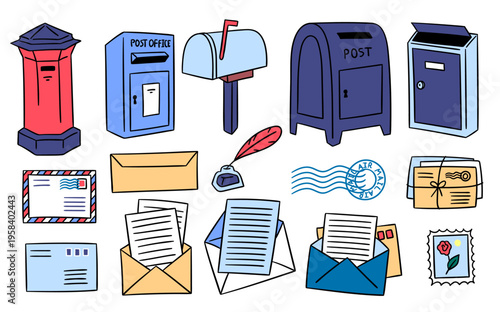Color Mail Elements Thin Line Set Hand Drawn Doodle Style. Vector illustration of Mailboxes or Postal Letterboxes