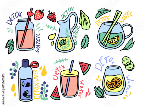 Different Detox Water and Drinks with Fresh Ingredients Elements Thin Line Set Hand Drawn Doodle Style. Vector illustration